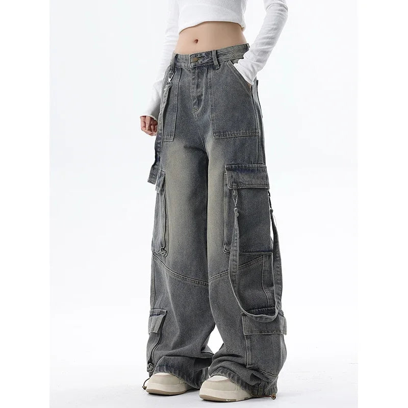 Women Blue Jeans Cargo Pants Streetwear High Waist Wide Leg Pants Fashion Y2K Style Female Winter Straight Trousers