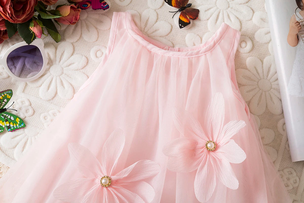 Toddler Girl Princess Dress Pink Flower Decorated Sleeveless Gauze Dress Elegant Girl Wedding Party Dress for Party