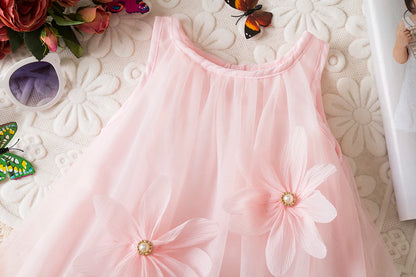 Toddler Girl Princess Dress Pink Flower Decorated Sleeveless Gauze Dress Elegant Girl Wedding Party Dress for Party