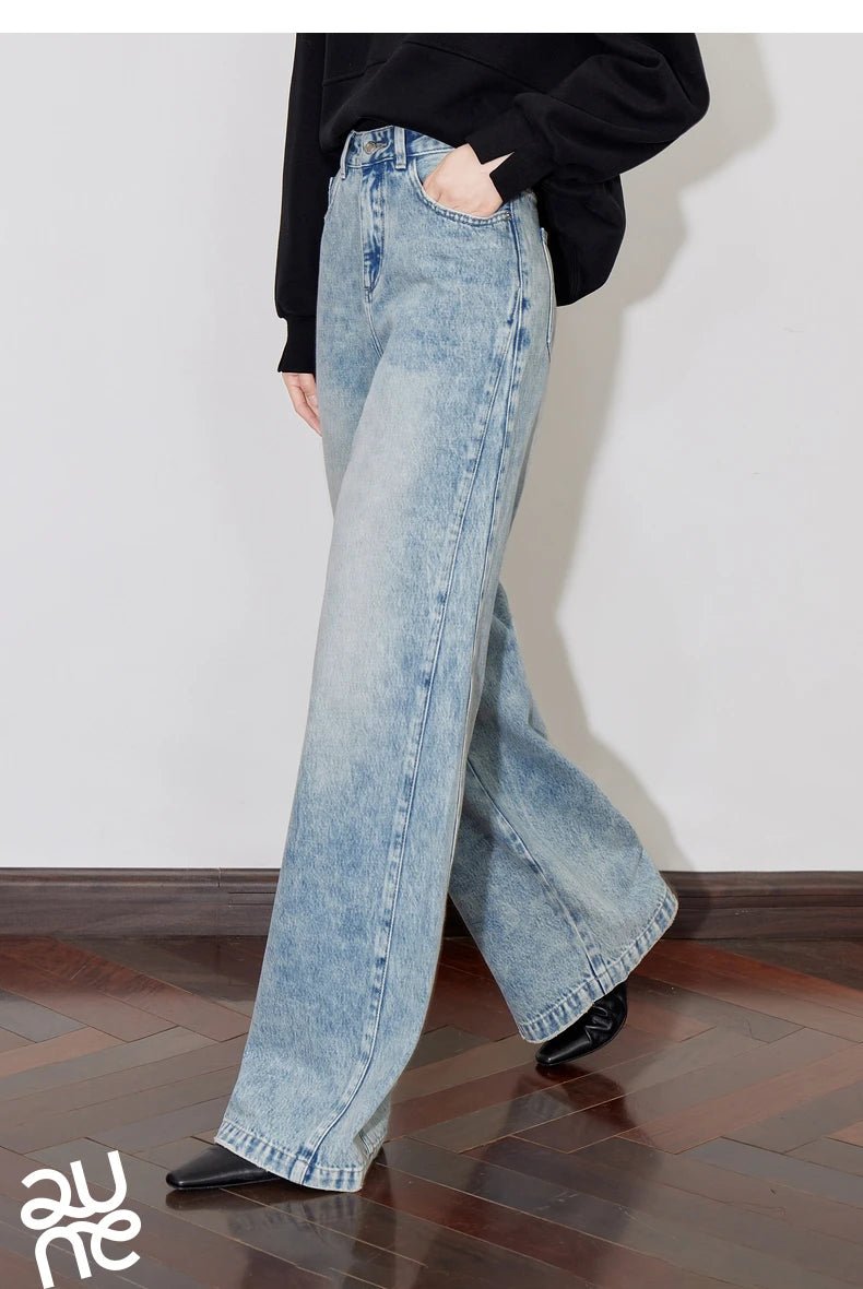 TOYOUTH Women Denim Jeans 2024 Autumn Winter New Mide Waist Straight Wide Leg Long Pants