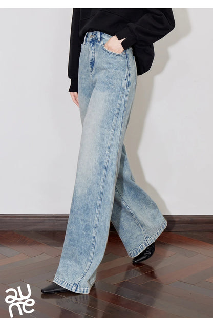 TOYOUTH Women Denim Jeans 2024 Autumn Winter New Mide Waist Straight Wide Leg Long Pants