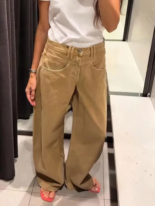 HH Women 2025 Autumn Fashion Vintage Ochre Low-waist Wide Leg Jeans Solid Color With Pockets Zipper Straight Pants Mujer