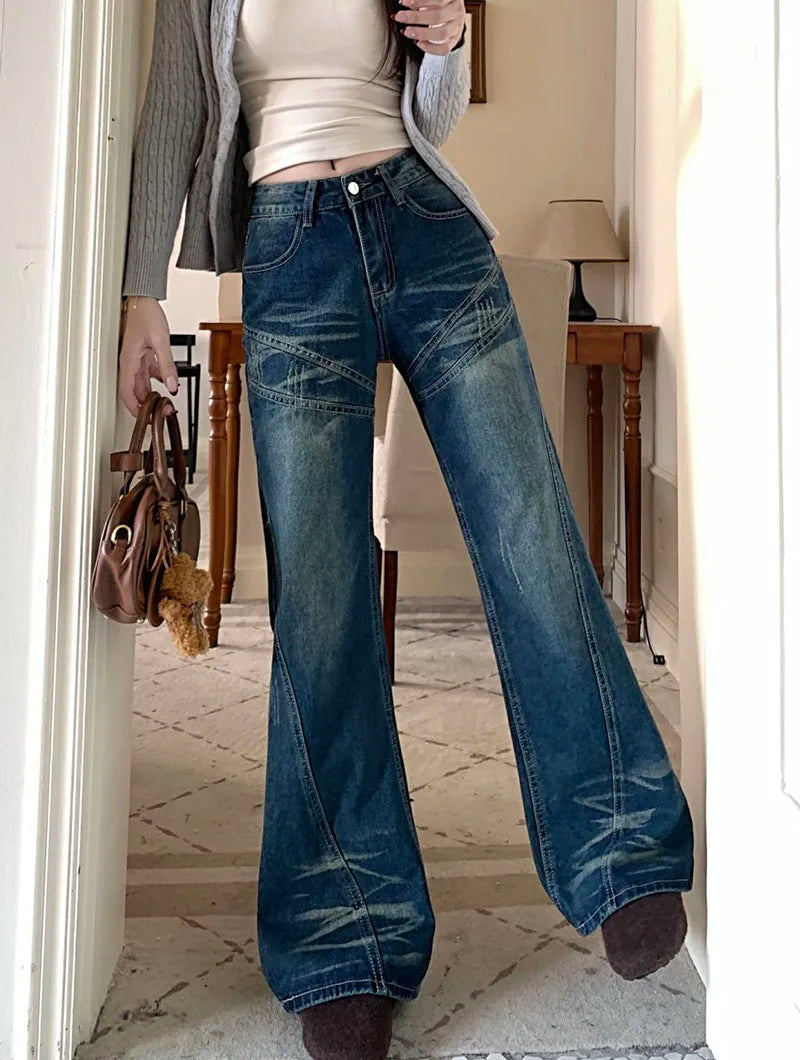 Woman High Waist Vintage Flare Jeans Korean Fashion Slimming Washed Denim Pants Women Y2K 2000S Streetwear Wide Leg Trousers
