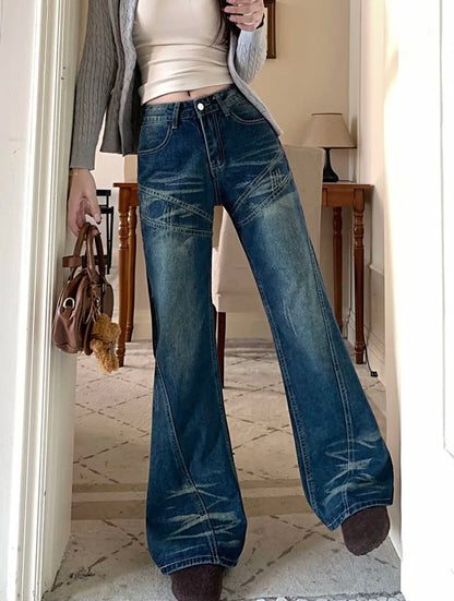 Woman High Waist Vintage Flare Jeans Korean Fashion Slimming Washed Denim Pants Women Y2K 2000S Streetwear Wide Leg Trousers