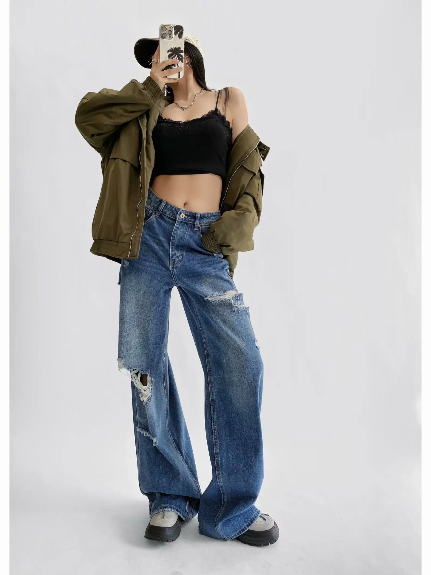 Women's Destroyed Jeans 2025 Spring Summer High Waist Loose Leg Floor-Length Distressed Denim Vintage Daily Staple