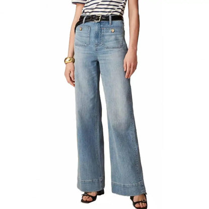 2025 Women Winter Jeans High Waist Button Zipper Loose Fit Pockets Straight Wide Leg Streetwear Pants Daily Wear Long Trousers