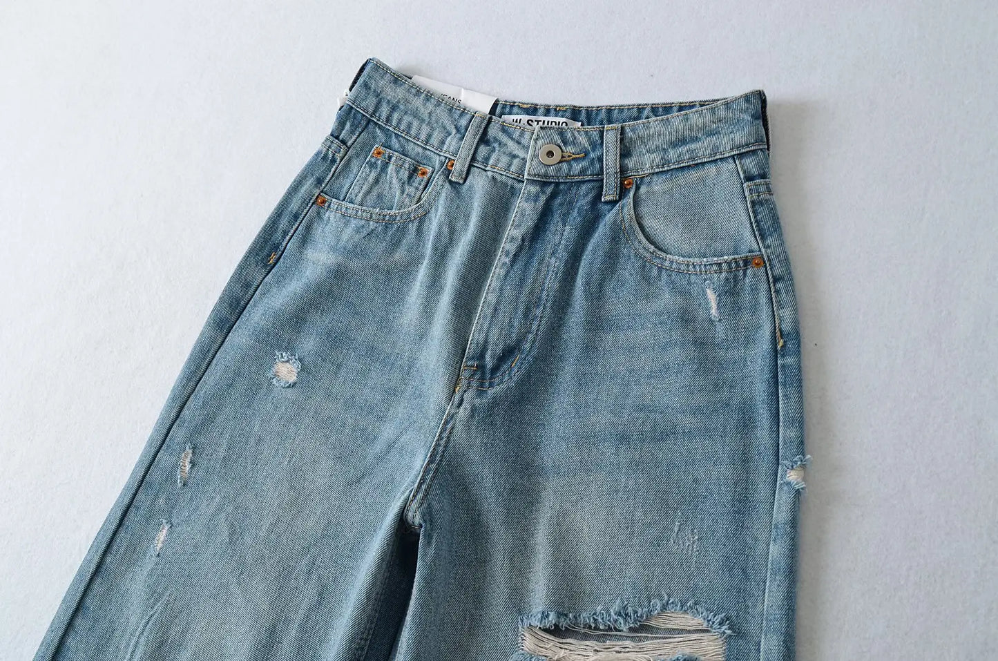 Women's Destroyed Jeans 2025 Spring Summer High Waist Loose Leg Floor-Length Distressed Denim Vintage Daily Staple