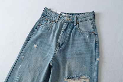 Women's Destroyed Jeans 2025 Spring Summer High Waist Loose Leg Floor-Length Distressed Denim Vintage Daily Staple