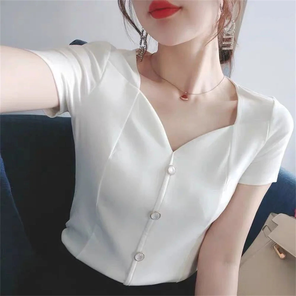 Womens Tops And Blouses Summer Short Sleeve Blouse Women Blusas Mujer De Moda 2022 Turtleneck Knitted Blouse Shirt Tops