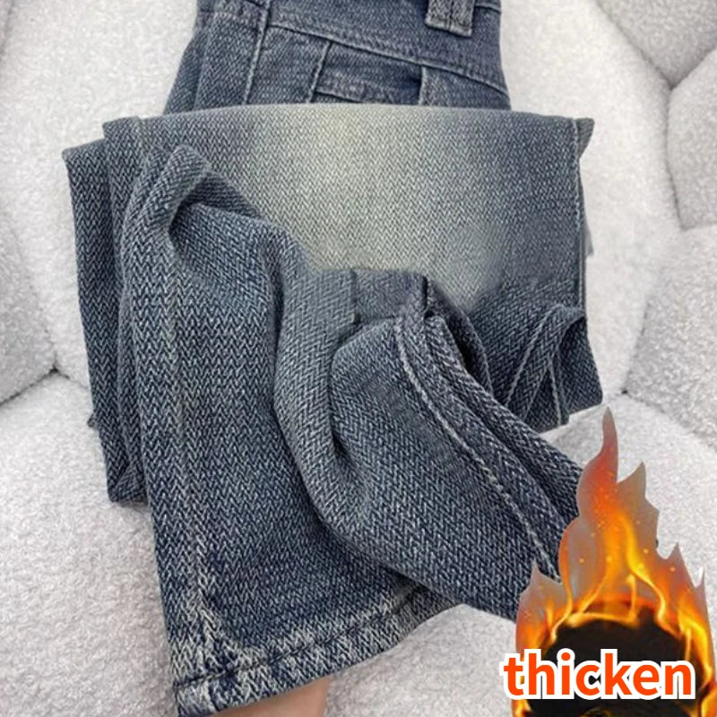 Wide Leg Jeans Women Plus Velvet Thicker Warm Vintage High Waist Casual Autumn Winter Streetwear Fashion Teens Personality Ins