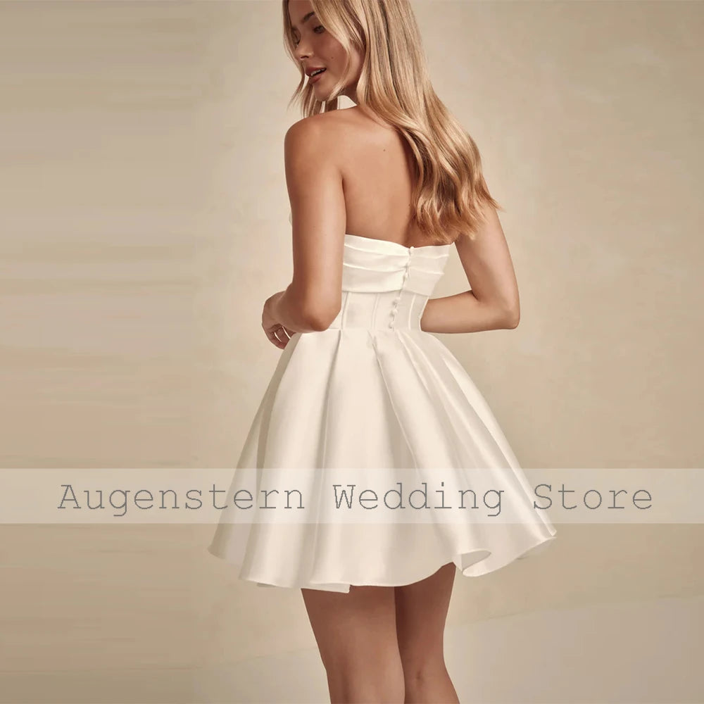 Modern Women's Wedding Dresses Mini 2025 Satin A-line Bride Gowns for Women Ivory Strapless Ruched Pleat Wedding Party Dresses