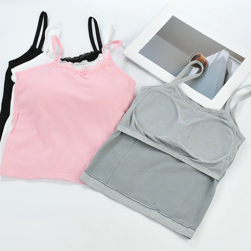 Women Padded Bra Tank Top Female Summer Crop Tops Girls Lace Slim Camisole Sexy Backless Vest With Built In Bra Y2k Streetwear