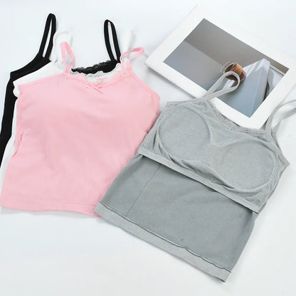 Women Padded Bra Tank Top Female Summer Crop Tops Girls Lace Slim Camisole Sexy Backless Vest With Built In Bra Y2k Streetwear