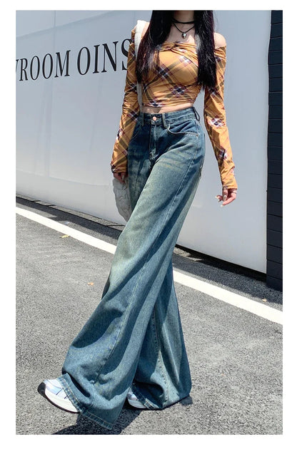 Women's Jeans Denim Pants 2025 Euramerican High Waist Girl Style Jean Trousers Colorful Straight Leg Wide Leg Pants