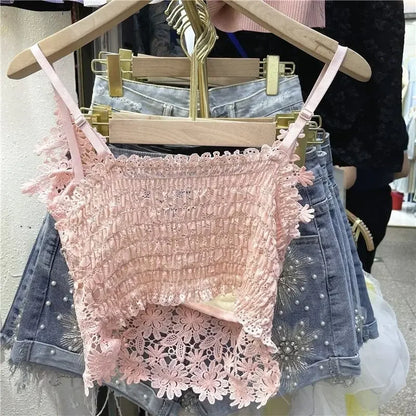 Women Clothing Heavy Beading Floral Tank Sexy Crop Tops Ropa Mujer Lace Butterfly Top Navel Baring Sexy Cropped Top Summer Camis