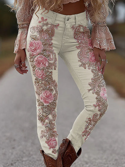 Women's Fashion Casual 3D Floral Print Straight Jeans Denim Bottoms