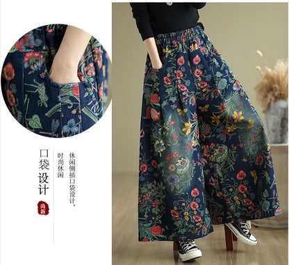 Jeans Flower Floral Print Autumn Wide Leg Pant Women Loose Pleated Fashion Ladies Oversized Trousers Elastic Waist Woman Pants