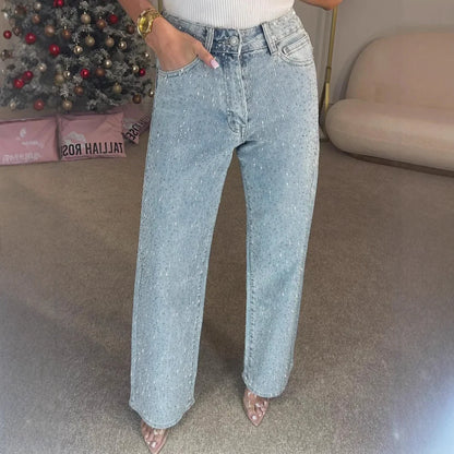 Women's full diamond washed denim jeans women's high-end high waisted straight leg pants spicy pants