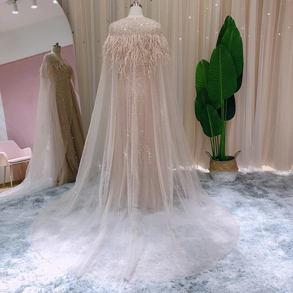 Sharon Said Dubai Luxury Silver Grey Evening Dresses with Feather Cape Shawl Arabic Women Wedding Party Formal Prom Dress SS147