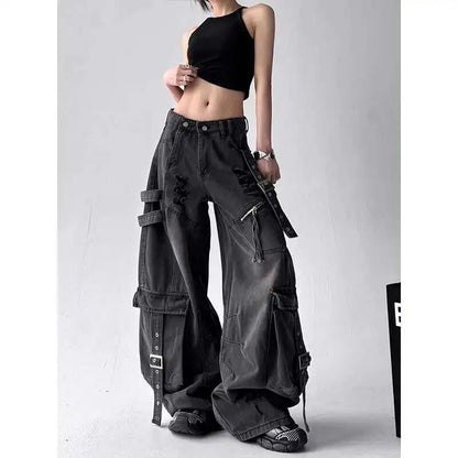 Women Vintage Black Gothic Cargo Jeans Streetwear Multi Pocket Retro Denim Pants 2025 Autumn High Street Wide Leg Trousers