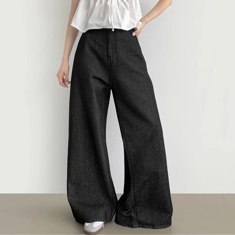 Waist Buckle Jeans Women Stylish High Waist Wide Leg BF Jeans Black Pants Loose Casual Denim Pants