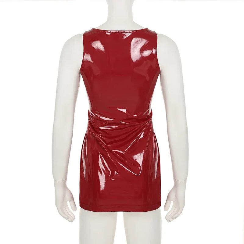 2025 Sexy Red Shiny Leather Mini Dresses Fashion Vintage Clubwear Sleeveless Clothing Bodycon HotSweet Women's Outfits