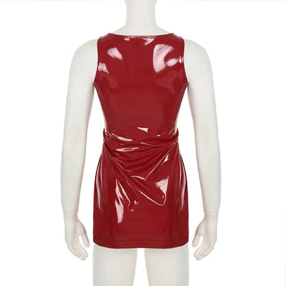 2025 Sexy Red Shiny Leather Mini Dresses Fashion Vintage Clubwear Sleeveless Clothing Bodycon HotSweet Women's Outfits