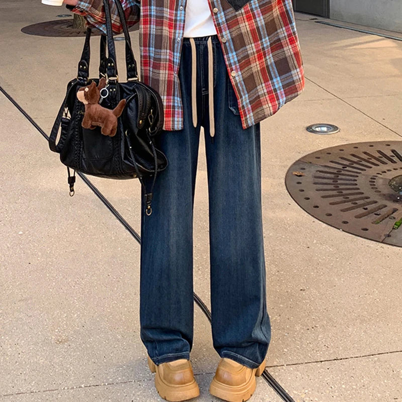 Women's Deep Blue High Waist Denim Pants 2025 Summer Casual Loose Drawstring Jeans Simple Pocket Straight Wide Leg Denim Pants