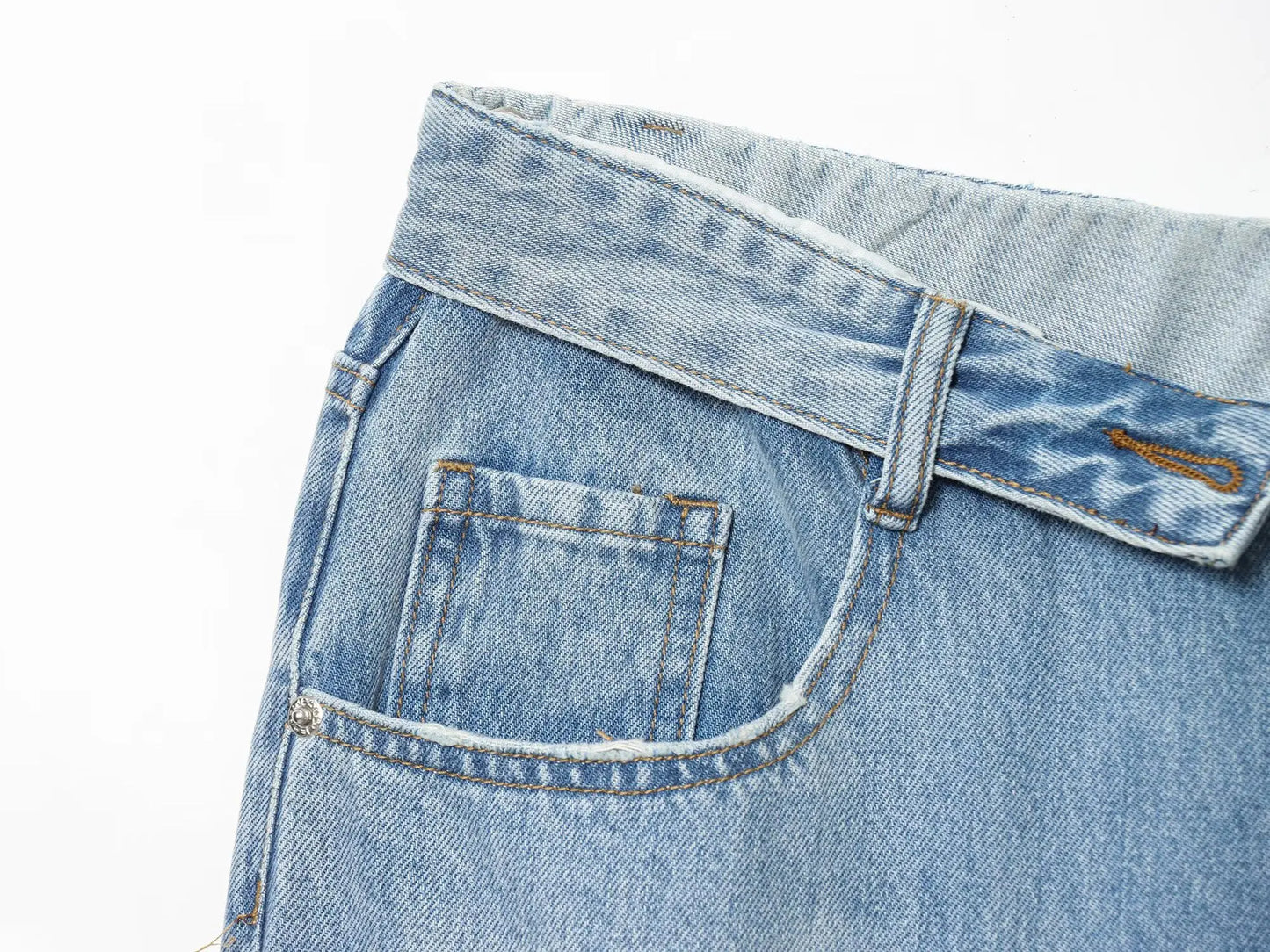 ETJ 2025 women's new street fashion fold waist mid waist washed ripped jeans loose version of the floor-length pants