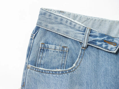 ETJ 2025 women's new street fashion fold waist mid waist washed ripped jeans loose version of the floor-length pants