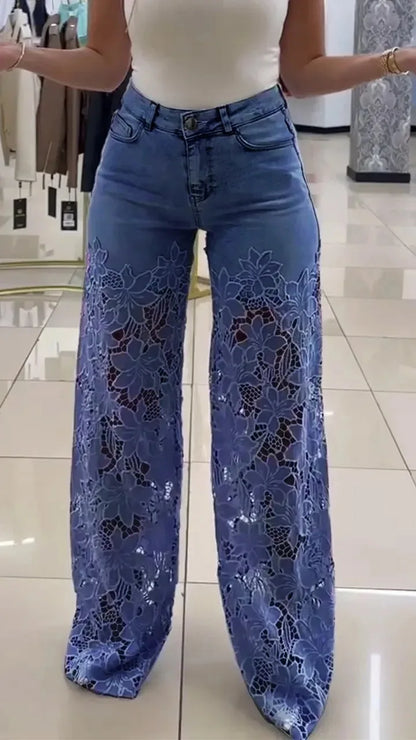 Fashion Elegant Jeans for Women High Waist Lace Patchwork Pantalones Hollow Out Oversized Spring Casual Loose All Match Pants