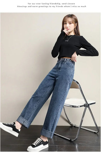 Loose Women Jeans High Waist Design Adjustable Straight Crotch Retro Style Trousers Cotton Fabric Comfortable Casual Style