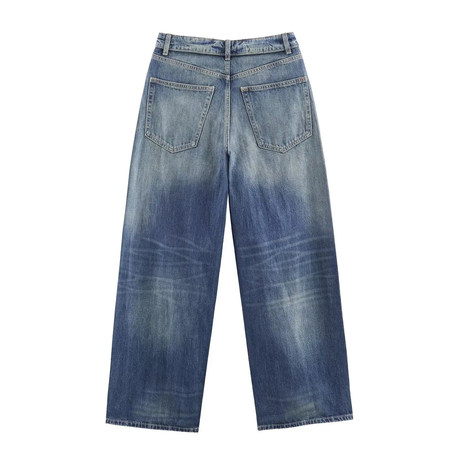 HH Women's 2025 New Fashion Retro Versatile Mid-Waist Turn-Down Jeans Female High Street Casual Ripped Decorative Wide Leg Pants