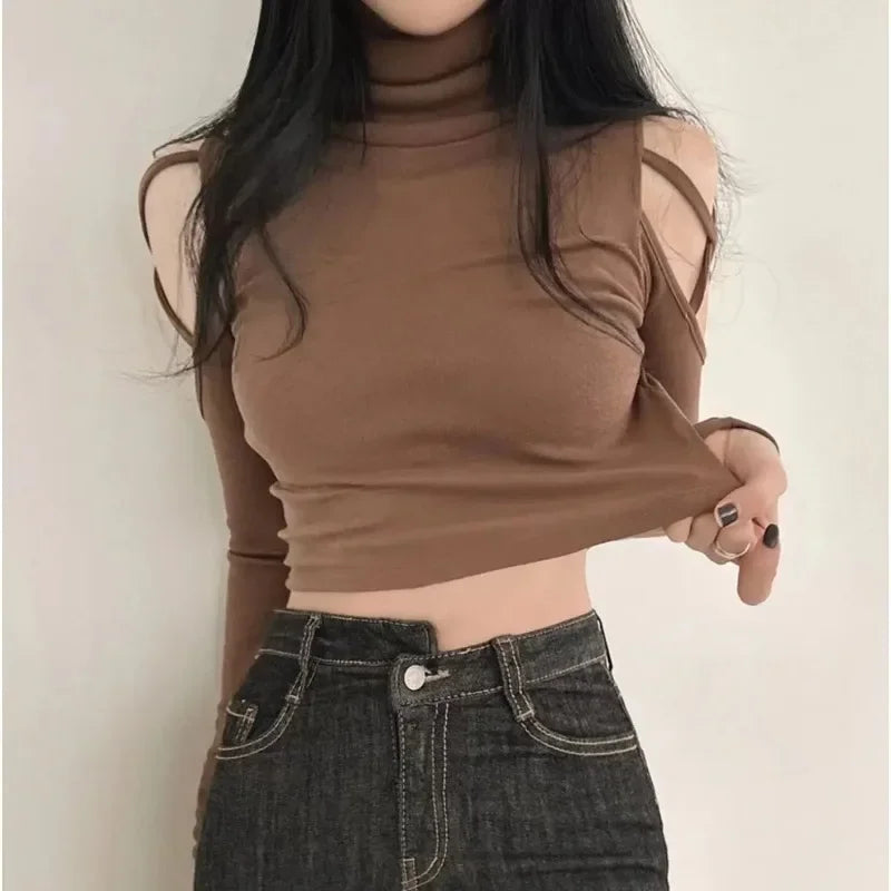 Tops Woman Slim Off Shoulder Sexy Crop Brown Long Sleeve T Shirt for Women Turtleneck Clothing Female Harajuku Fashion Korean