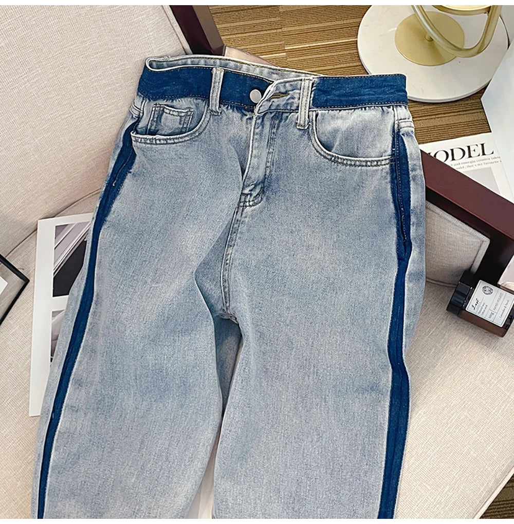 Oversize Straight Loose Jeans for Women Fashion High Waist Contrast Color Blue Denim Pants Streetwear Wide Leg Trousers