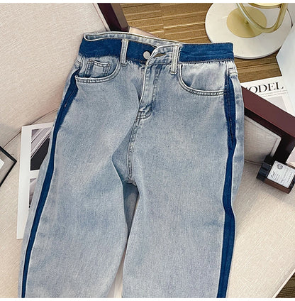 Oversize Straight Loose Jeans for Women Fashion High Waist Contrast Color Blue Denim Pants Streetwear Wide Leg Trousers