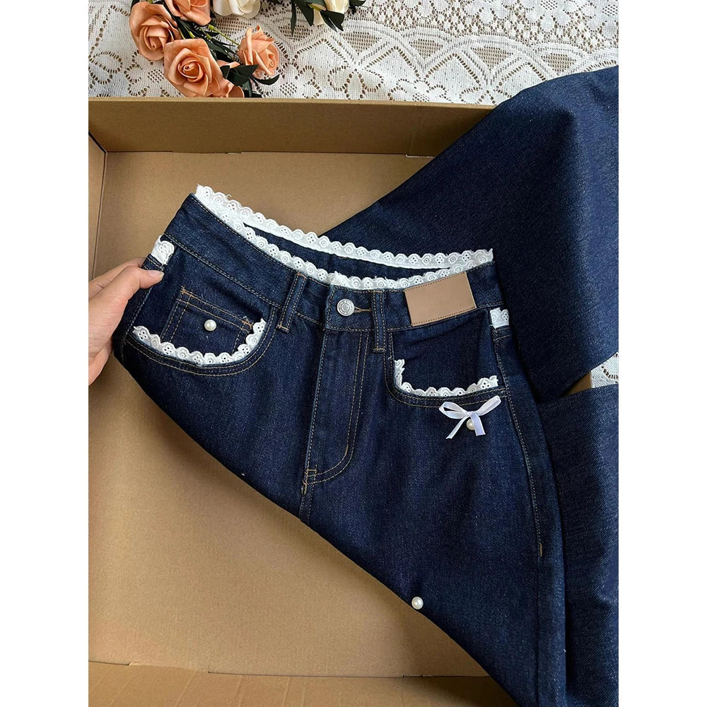 Retro Dark Blue Denim Pants for Women Spring Autumn Sweet Lace Bow Jeans Female American Style Straight Loose Wide Leg Pants