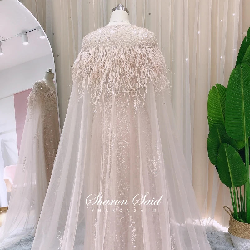 Sharon Said Dubai Luxury Silver Grey Evening Dresses with Feather Cape Shawl Arabic Women Wedding Party Formal Prom Dress SS147