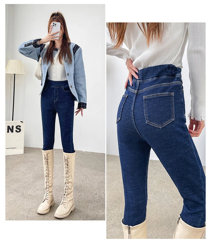 Women's Winter Jeans Fleece Warm Slim Pencil Trousers Elastic Waist Thicken Velvet Comfortable Mom Denim Pants Female