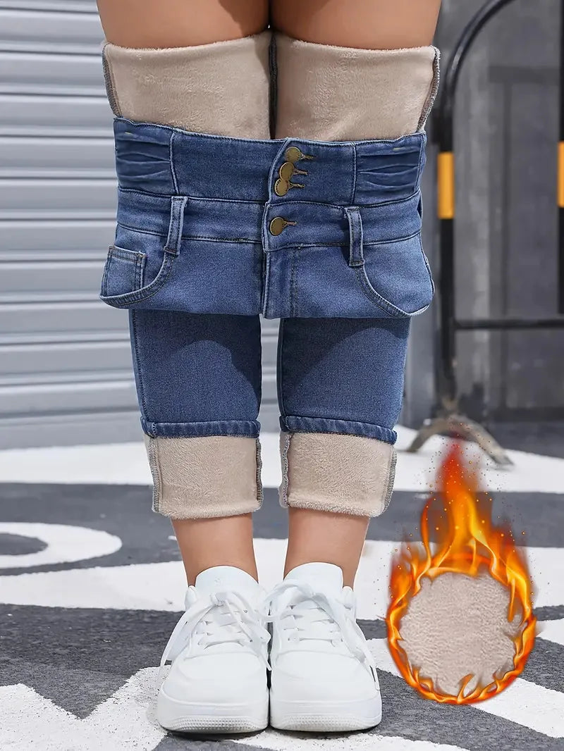 Women's High Elasticity Fleece Lined Thick Denim Jeans, Fall & Winter Fashion, Comfortable Slimming Jeans, Elegant Style