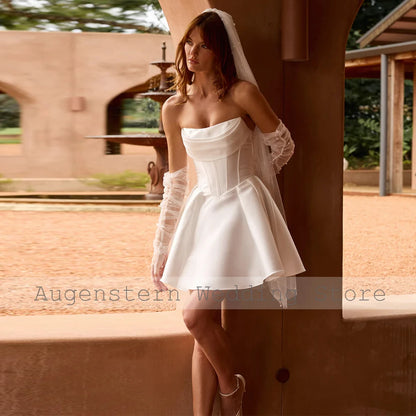 Modern Women's Wedding Dresses Mini 2025 Satin A-line Bride Gowns for Women Ivory Strapless Ruched Pleat Wedding Party Dresses