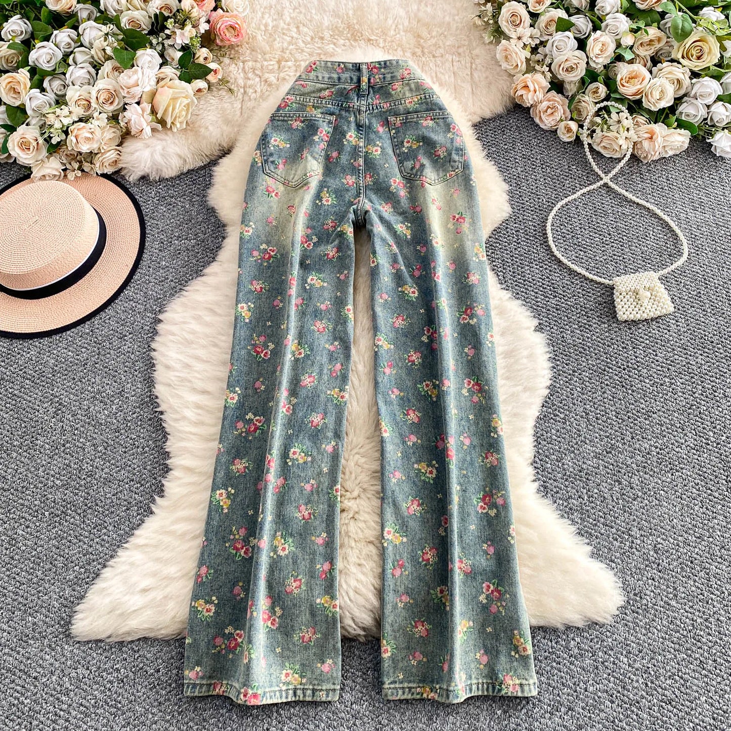 Women's Fashion Floral Print Denim Pants Colorful Flower Wide Leg Trousers Female Spring Autumn Versatile High Waist Blue Jeans