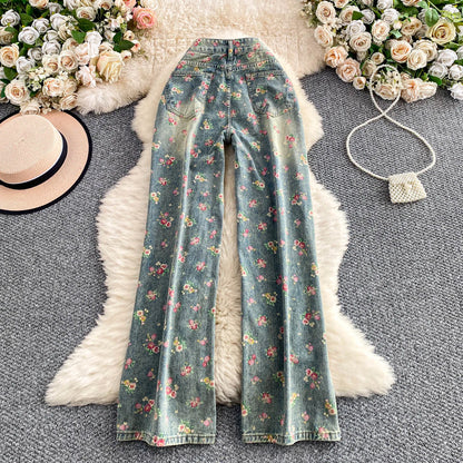 Women's Fashion Floral Print Denim Pants Colorful Flower Wide Leg Trousers Female Spring Autumn Versatile High Waist Blue Jeans
