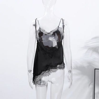 Summer Women Halter Top Satin Lace Spliced Tank Backless Deep Neck Sexy Vest Irregular Hem Vestidos 2025 Lady Vacation Sexy Tops