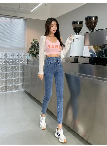 New Women's High Waist Stretch Jeans Blue Black Gray Fashionable and Versatile Multi-button Popular Slim Denim Long Pants Female