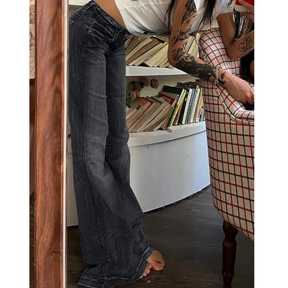 Women Vintage y2k Flared Jeans Retro Button-up Low Rise Casual Denim Pants Harajuku 2000s Aesthetic Trousers Basic Jeans