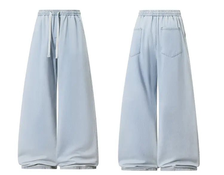 2025 New Elastic Waist Drawstring Solid Color Loose Fit Wide Leg Jeans Wide Leg Trendy High Waist Denim Pants for Men Women 3XL