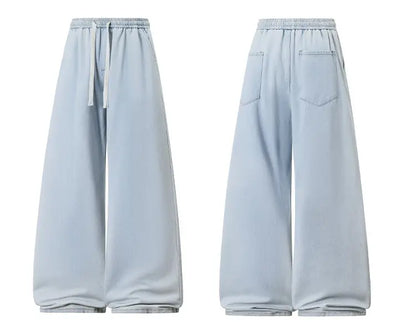 2025 New Elastic Waist Drawstring Solid Color Loose Fit Wide Leg Jeans Wide Leg Trendy High Waist Denim Pants for Men Women 3XL