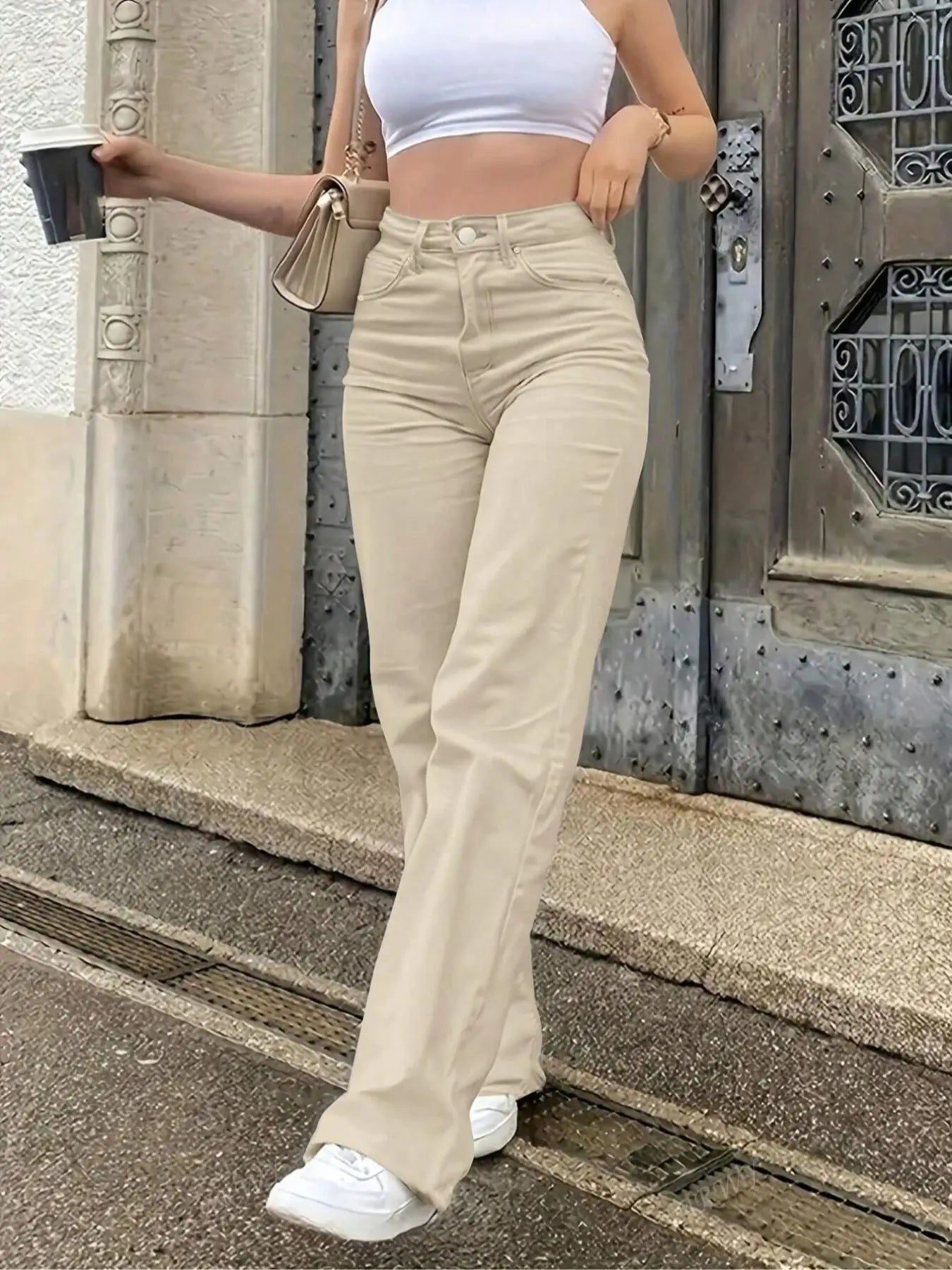 Ins Korean Women's High-Waisted Stretchy Jeans Slim-Fit Beige Straight-Leg Pants Chic Fashion Casual Denim Trousers, Suitable fo