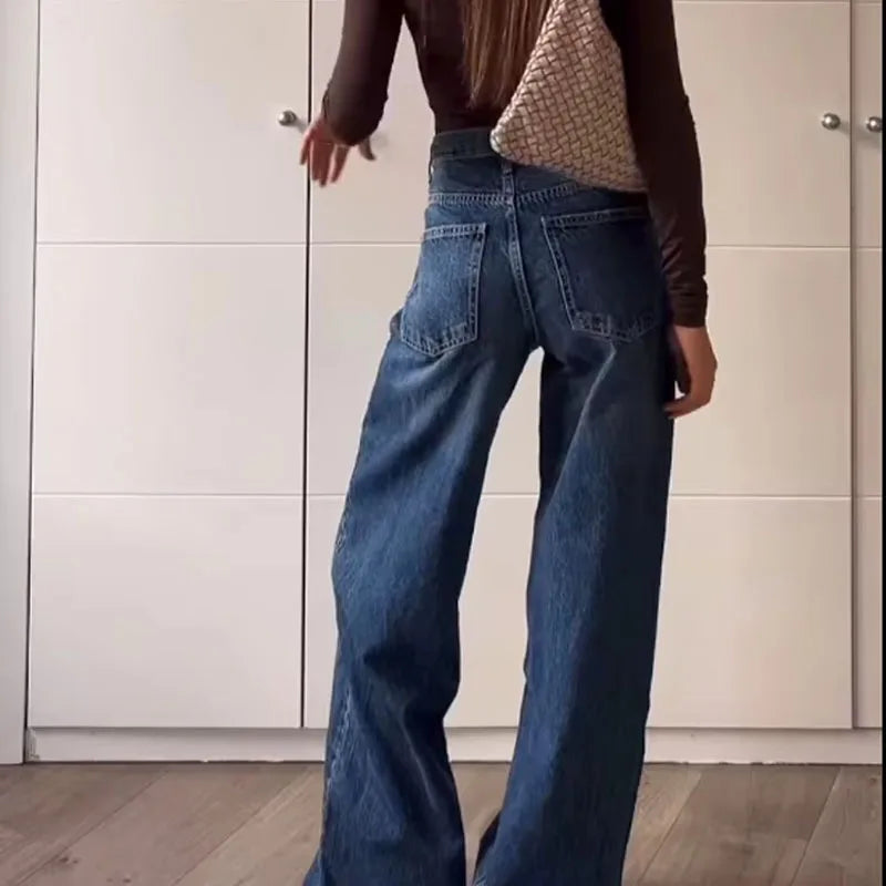 2025 Fashion Women Slanted Placket Blue Jeans Female Wide Leg Pants Long Pants High Street Ripped Jeans Versatile Retro
